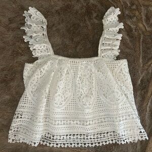 Ari + Ali from Anthropologie White, Lined Lace, Flutter-Sleeve, Square-Neck Top